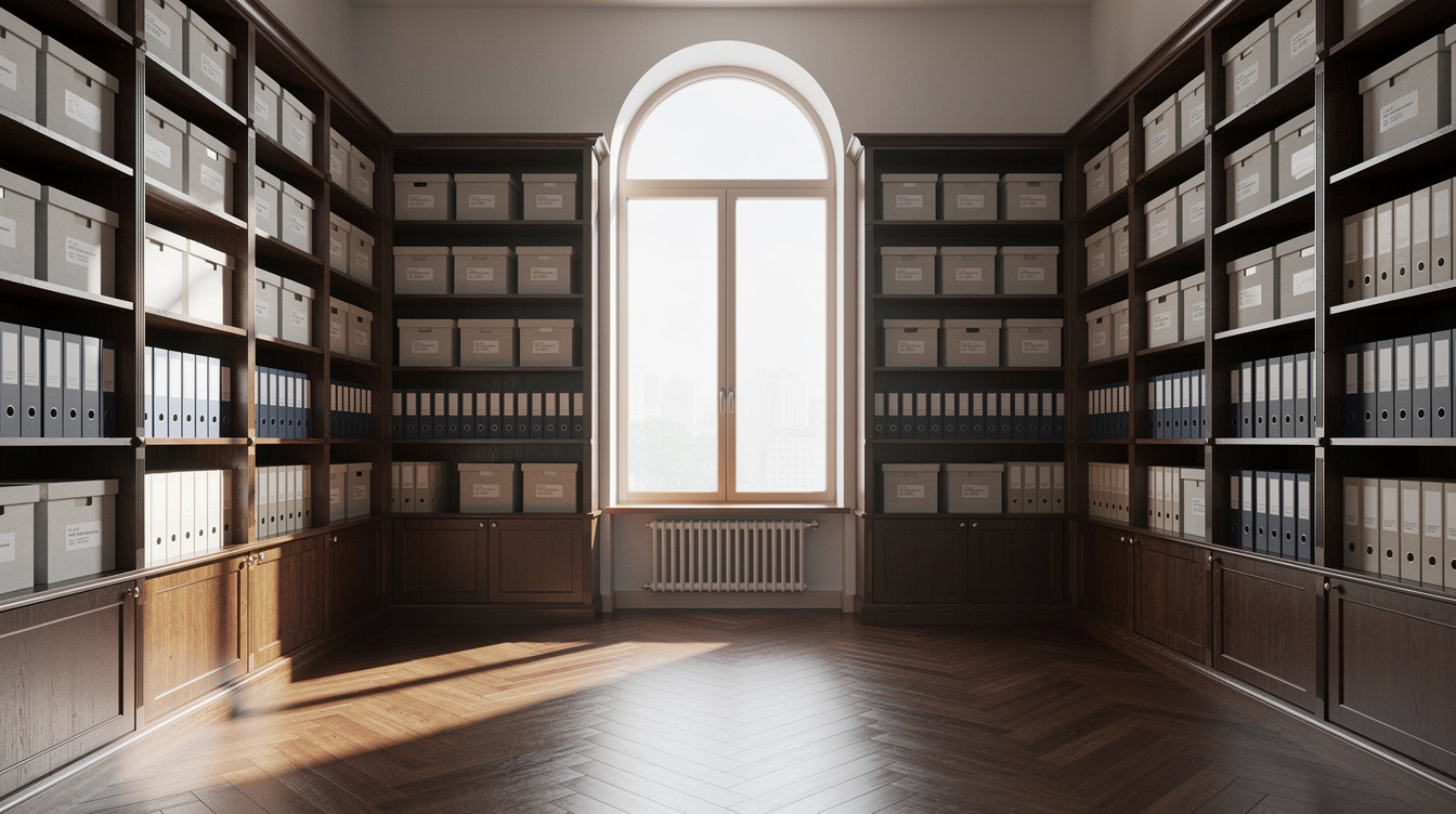 Bright editorial office library with tall bookshelves and archive boxes