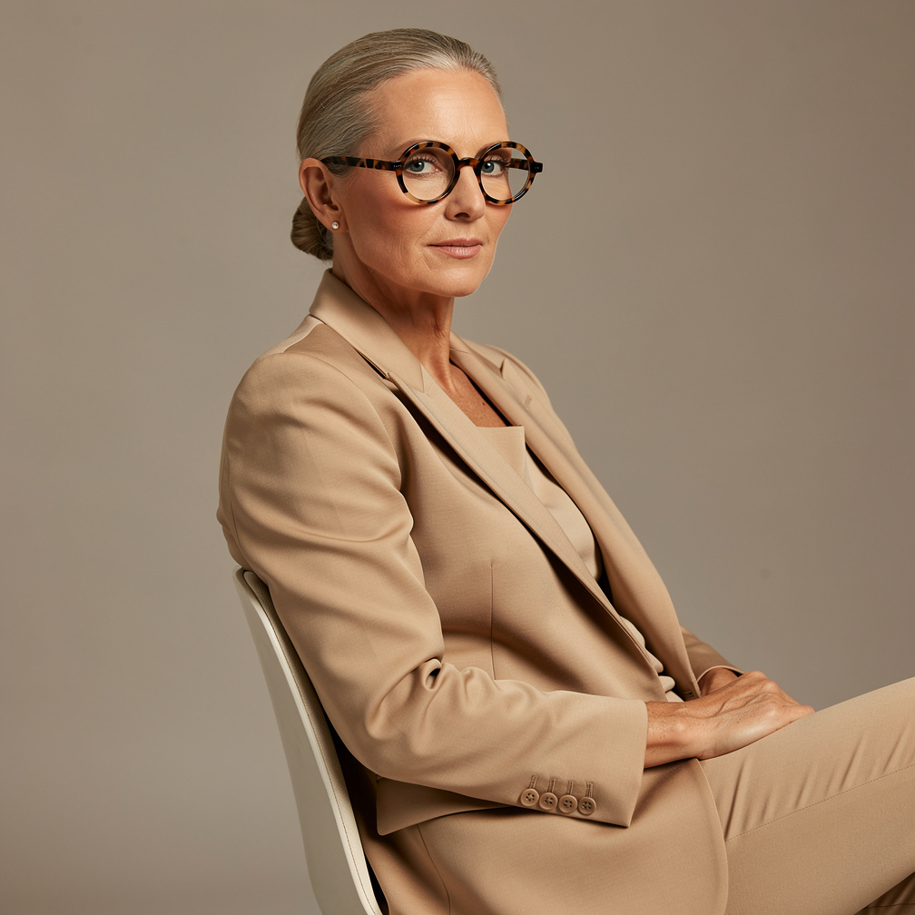 Studio portrait of a Dutch fashion designer wearing round glasses